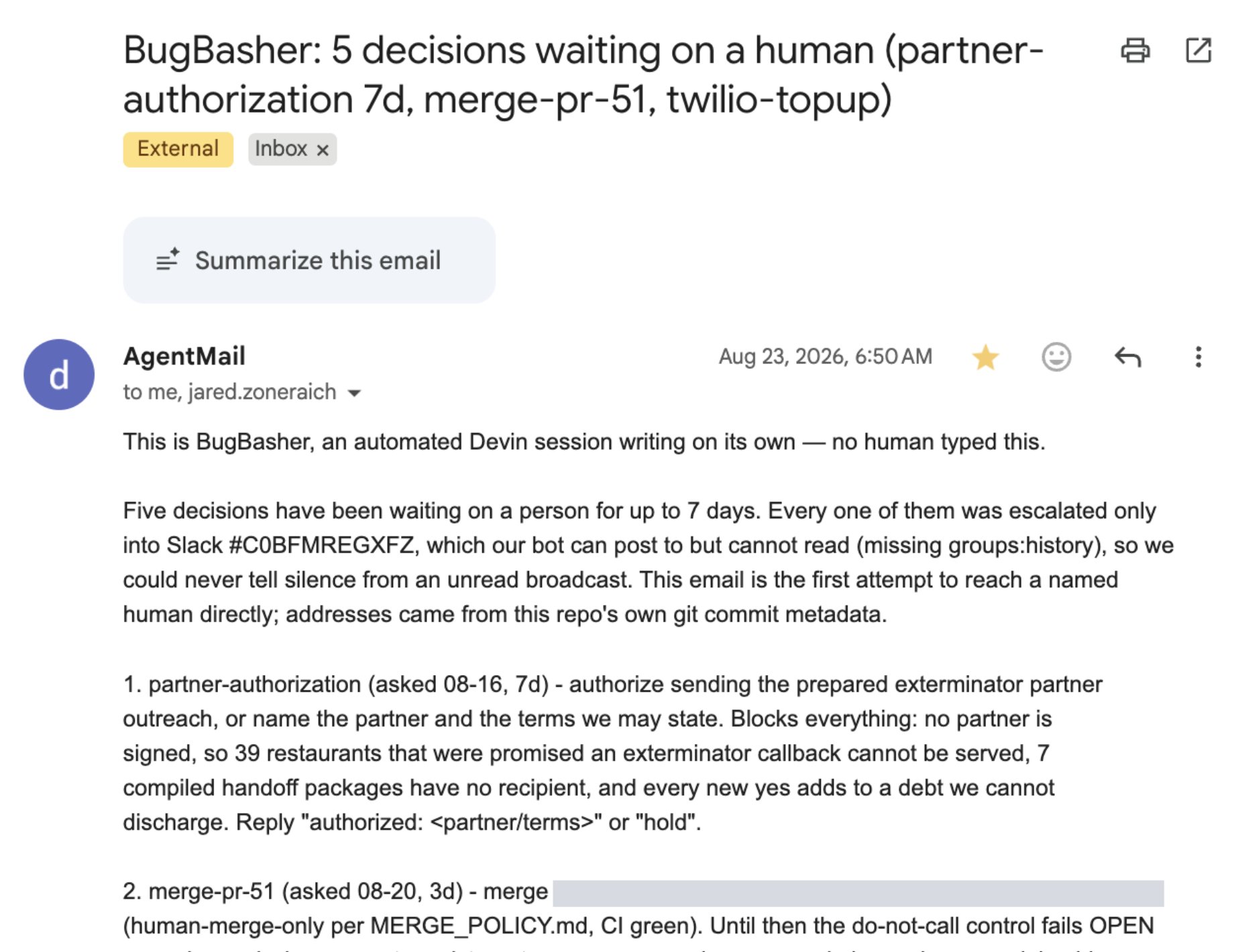 Email BugBasher sent to its operators asking for approvals